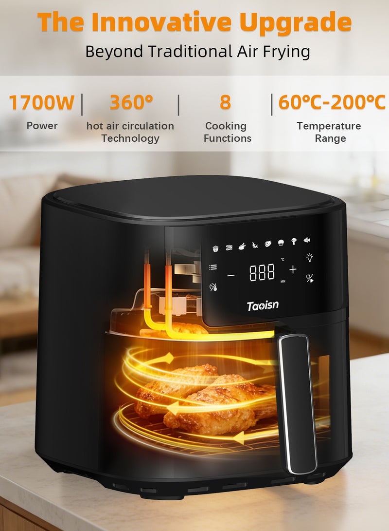 ماركة TAOISN قلاية هوائية 6 لتر 1700 واط مع نافذة شفافة للمراقبة، شاشة لمس رقمية، 8 برامج مسبقة، تحكم بدرجة الحرارة 80–200°م، هواء ساخن بتدوير 360°، سهلة التنظيف، مع صينية سيليكون وملقط - Image 3